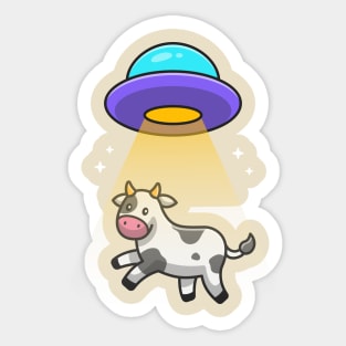 Cute Cow Sucked In UFO Spacecraft Cartoon Sticker